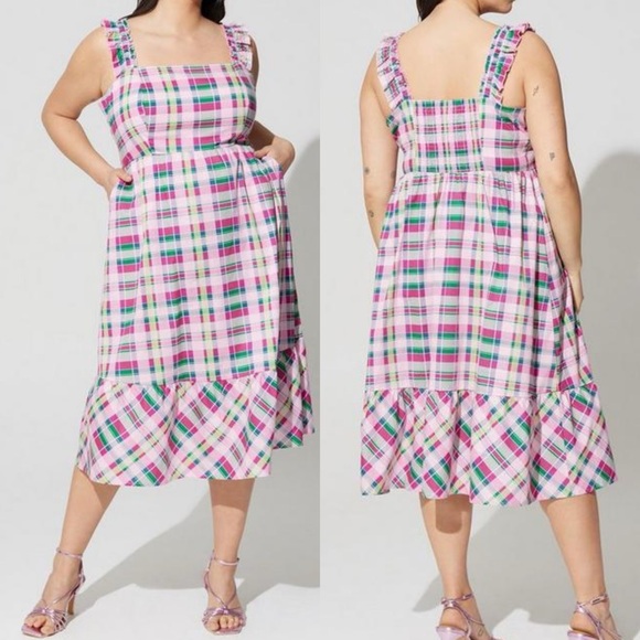 torrid Dresses & Skirts - Torrid Midi Poplin Tiered Ruffle Strap Dress Cotton Plaid Pink Green Size 3
